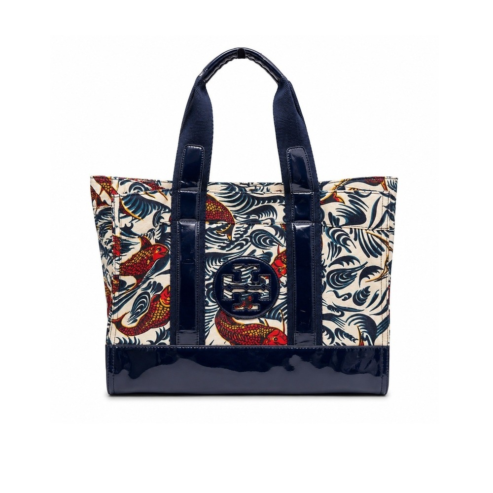 Tory Burch Ella Tote Bag Women Small Navy Koi Fish Wave Print Canvas Patent Trim